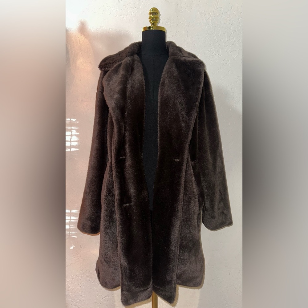 BCBGMaxAzria Dark Brown Faux Fur Pea Coat